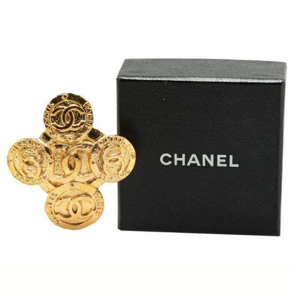 CHANEL CC Logos Round Cross Brooch Gold Tone 28 1234 Pin Auth w/Box #4054 - Picture 5 of 5